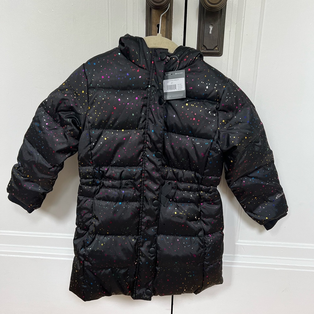 Eddie Bauer down parka black with rainbow sparkles 4T NWT